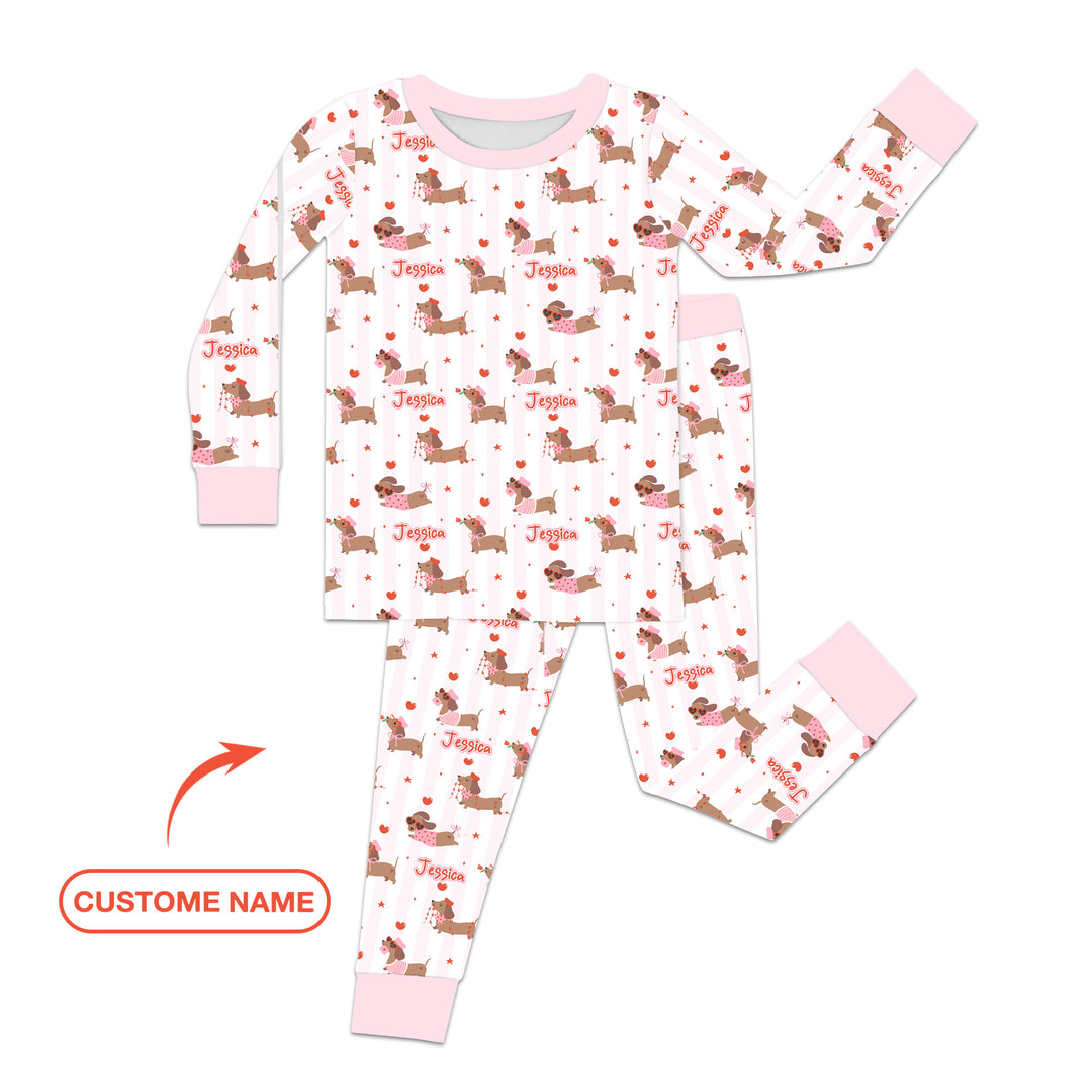 Custom Name Valentine Dachshund Family Matching Two Piece Long Sleeve Pajama Set