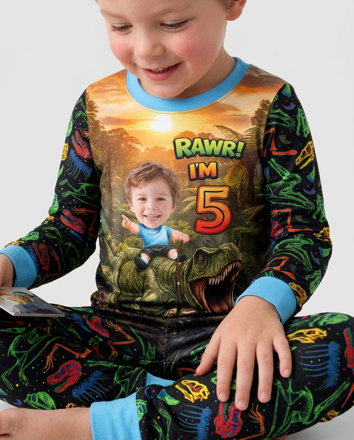 Custom Photo Dino Rawr Birthday Bamboo Two Piece Long Sleeve Pajama Set