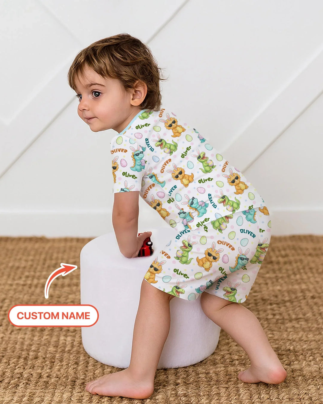 Custom Name Dinosaur on the Hunt Two Piece Short Sleeve Shorts Pajama Set