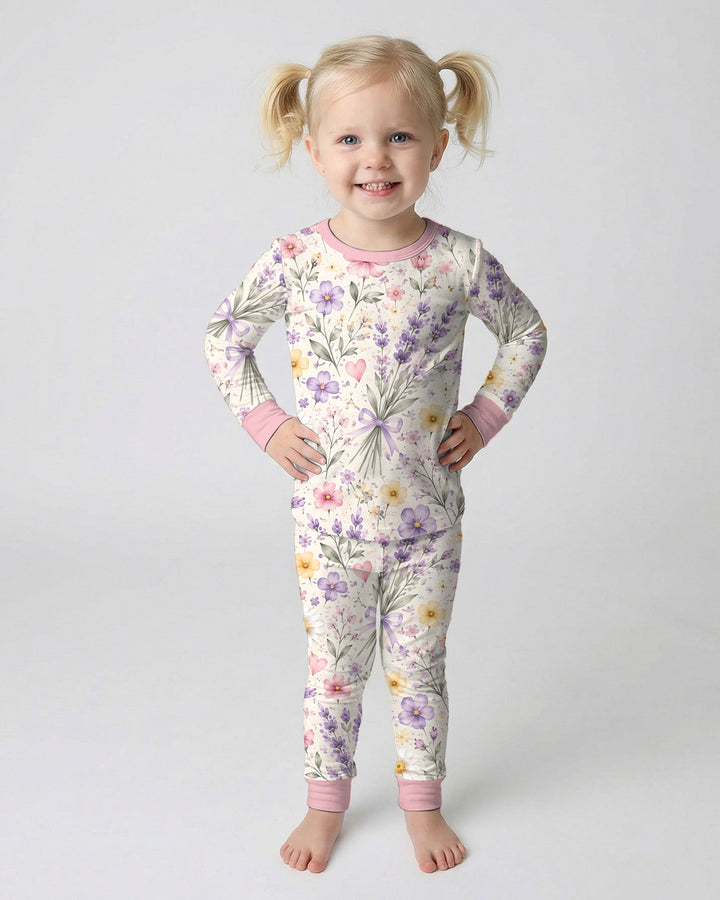 Lavender Wildflower Pastel Floral Bamboo Two Piece Long Sleeve Pajama Set