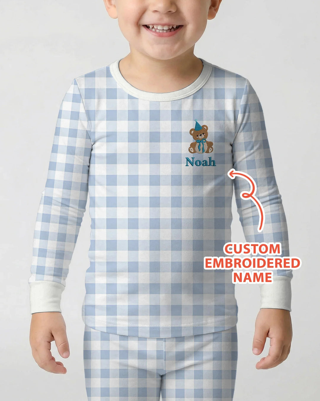 Custom Embroidered Name Birthday Teddy Bamboo Two Piece Long Sleeve Pajama Set