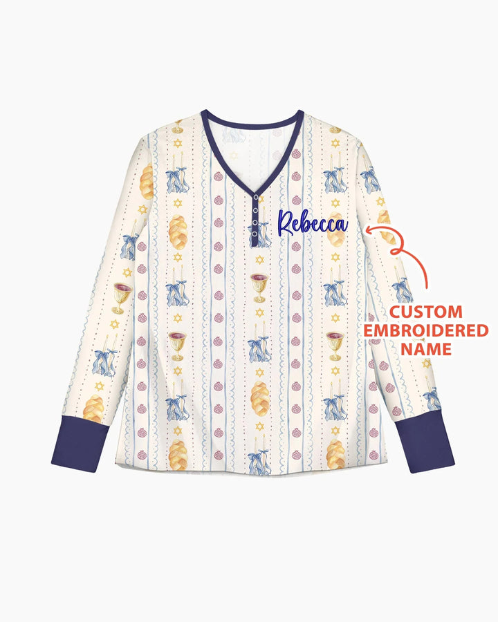 Personalisierter, bestickter Shabbat-Pyjama für Damen aus Bambus im Partnerlook mit Mama