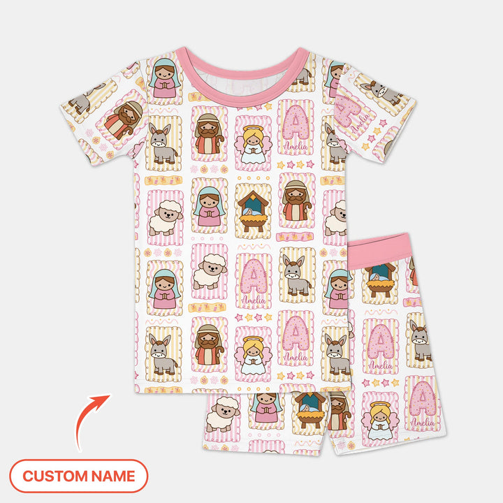 Custom Name Christmas Nativity Two Piece Short Sleeve Shorts Pajama Set