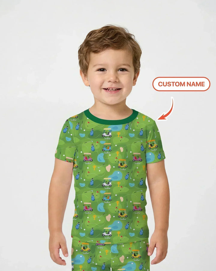 Custom Name Golf Season Family Matching Bamboo Two Piece Short Sleeve Pajama Set