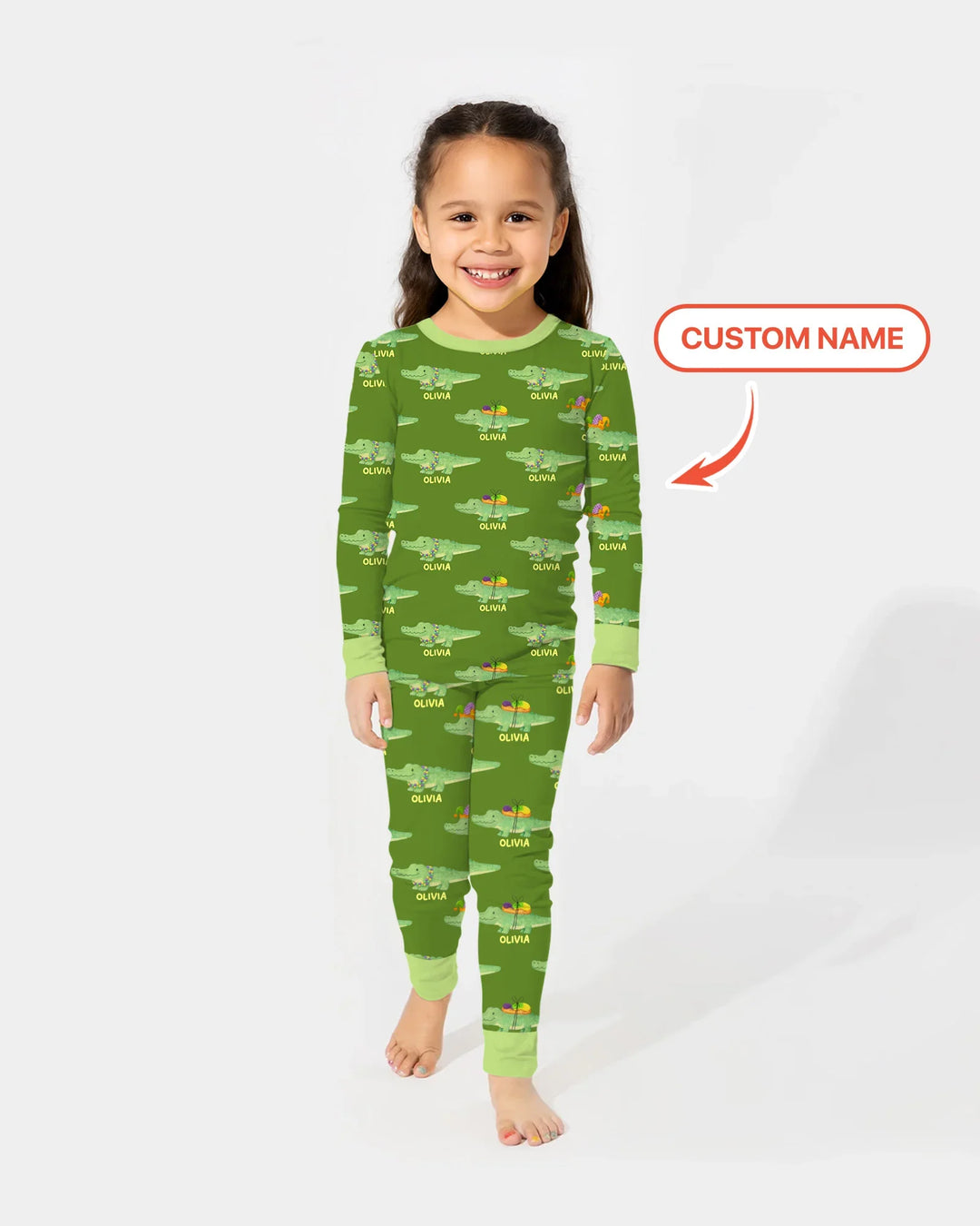 Custom Name Mardi Gras Gator Two Piece Long Sleeve Pajama Set