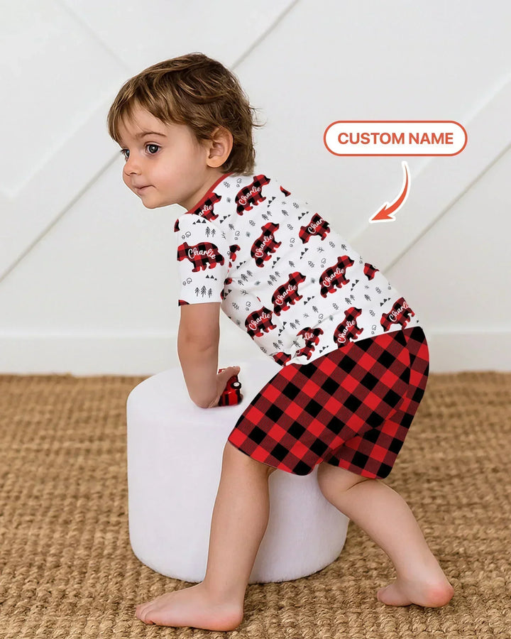 Custom Name Family Bear Matching Bamboo Two Piece Short Sleeve Shorts Pajama Set