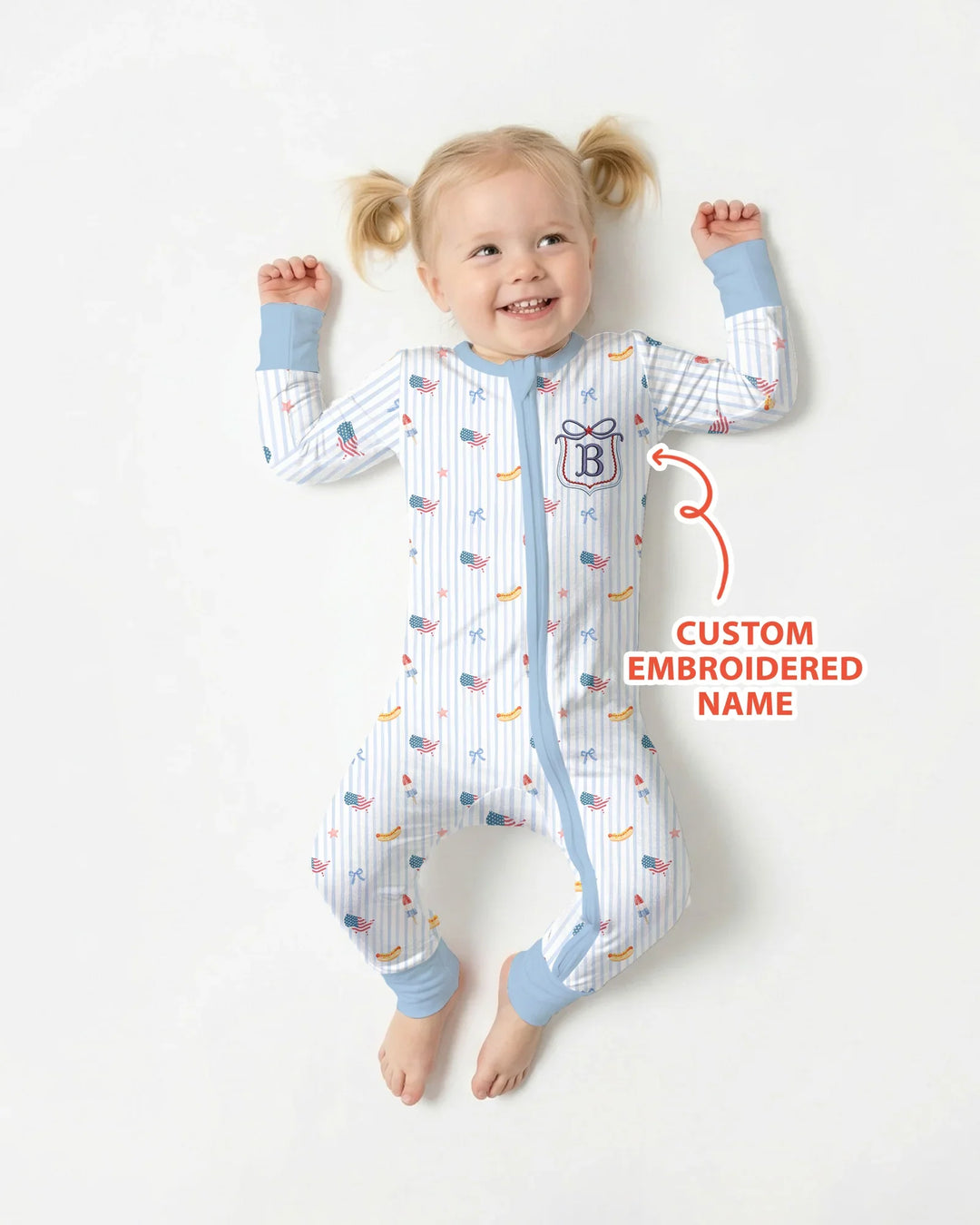 Pijama enterizo convertible de bambú bordado personalizado del 4 de julio