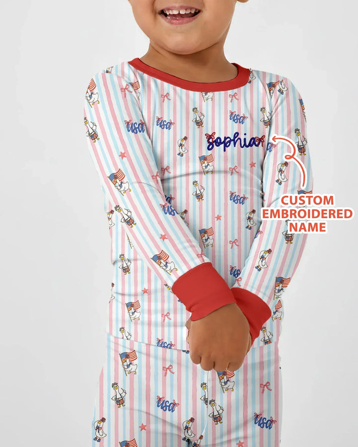 Personalized Cute Goose America 250 Embroidered Bamboo Two Piece Long Sleeve Pajama Set