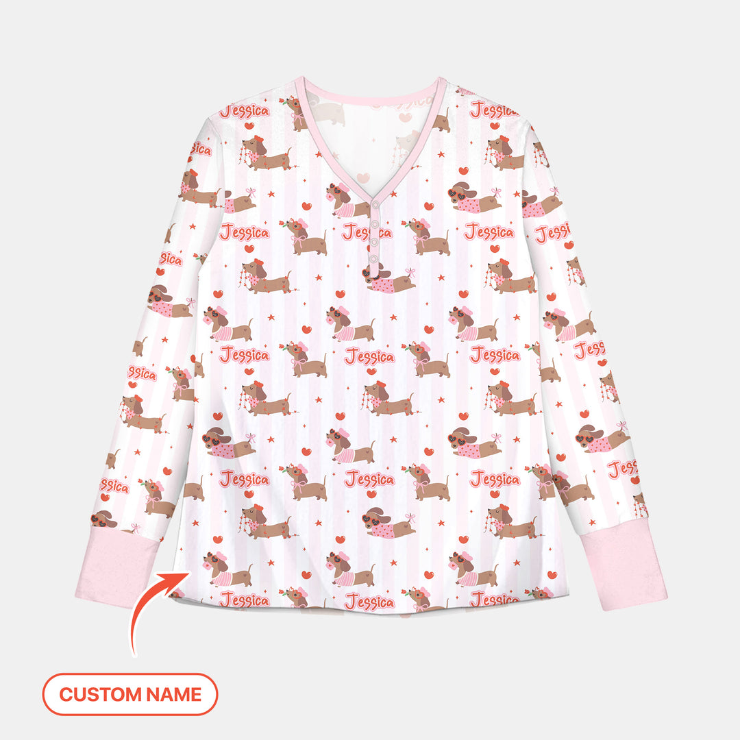 Custom Name Valentine Dachshund Family Matching Women Pajama Set For Christmas