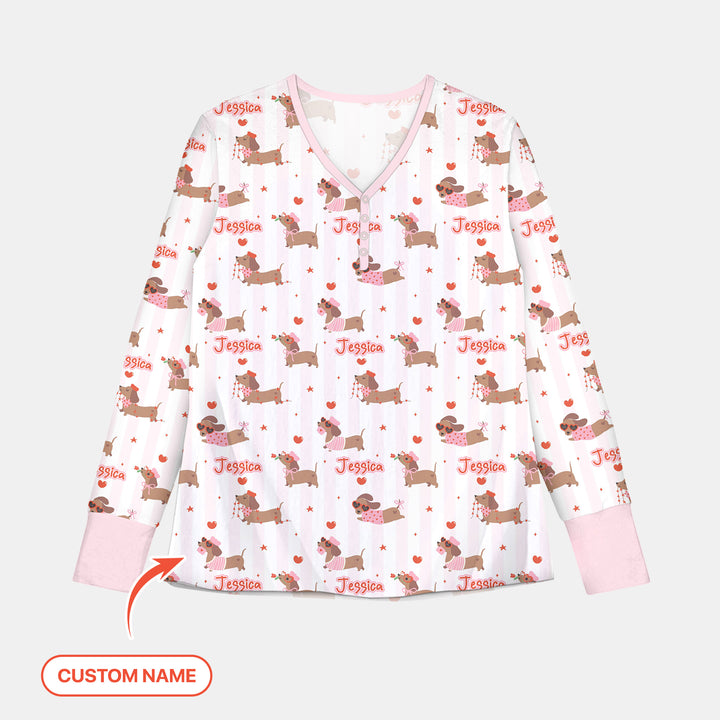 Custom Name Valentine Dachshund Family Matching Women Pajama Set For Christmas