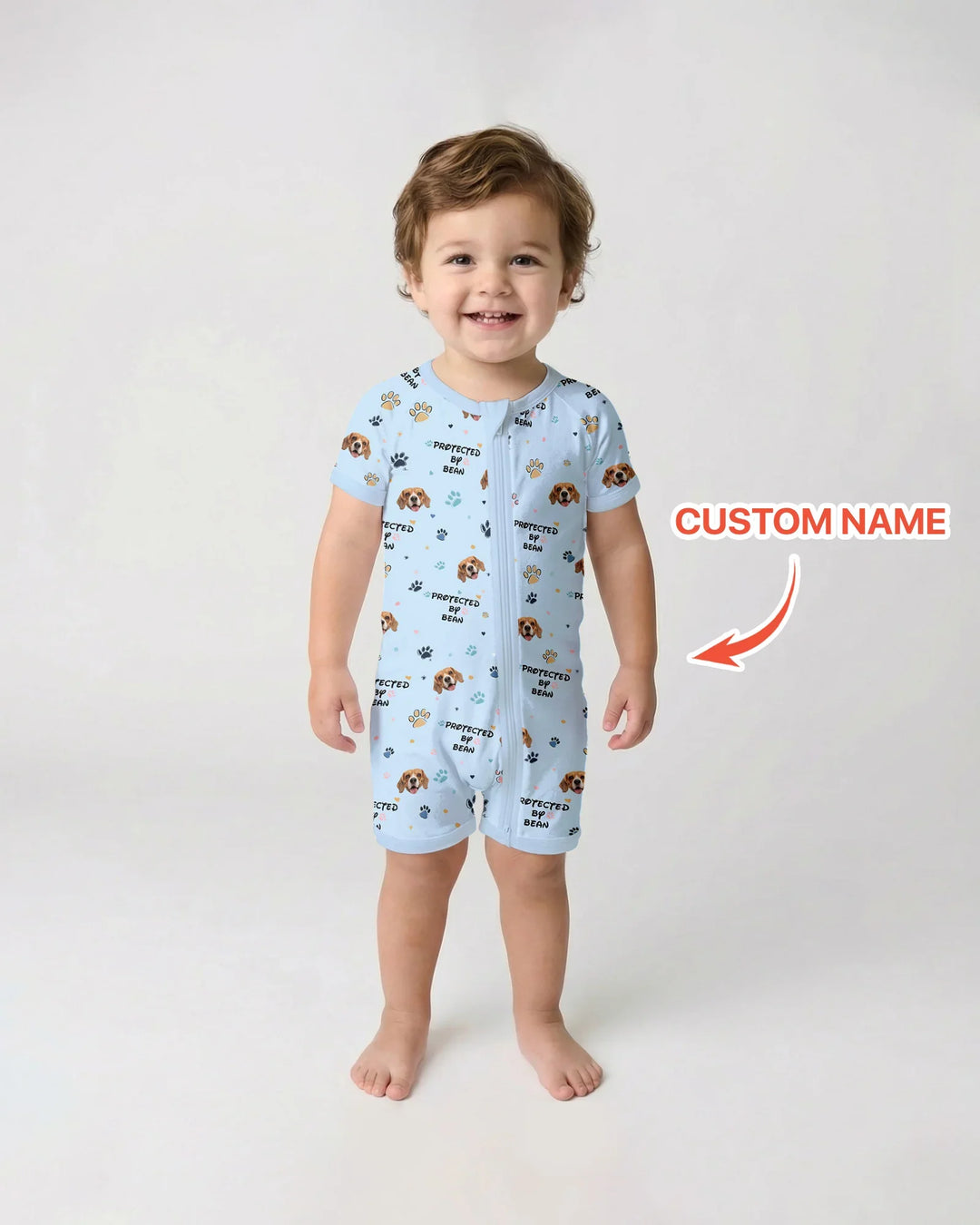 Custom Dog Photo Pattern "Protected By" Shorty Zippered Romper