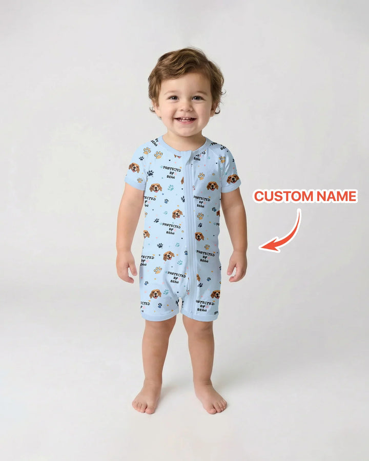 Custom Dog Photo Pattern "Protected By" Shorty Zippered Romper