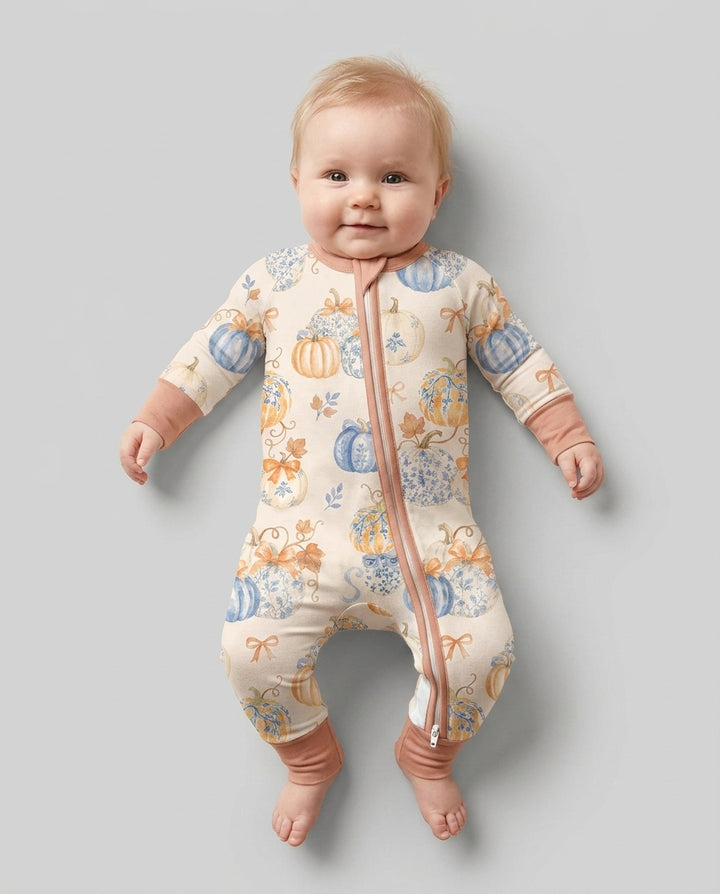 Preppy Blue and Orange Chinoiserie Pumpkin Bamboo Convertible Zippy