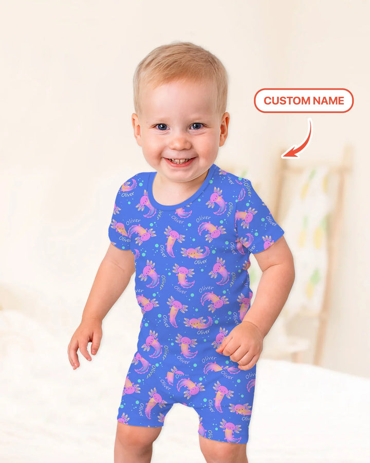 Conjunto de pijama de dos piezas de bambú con nombre personalizado de Axolote que brilla en la oscuridad, de manga corta y pantalón corto