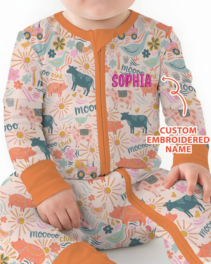 Custom Name Embroidered Colorful Farm Life Bamboo Convertible Zippy