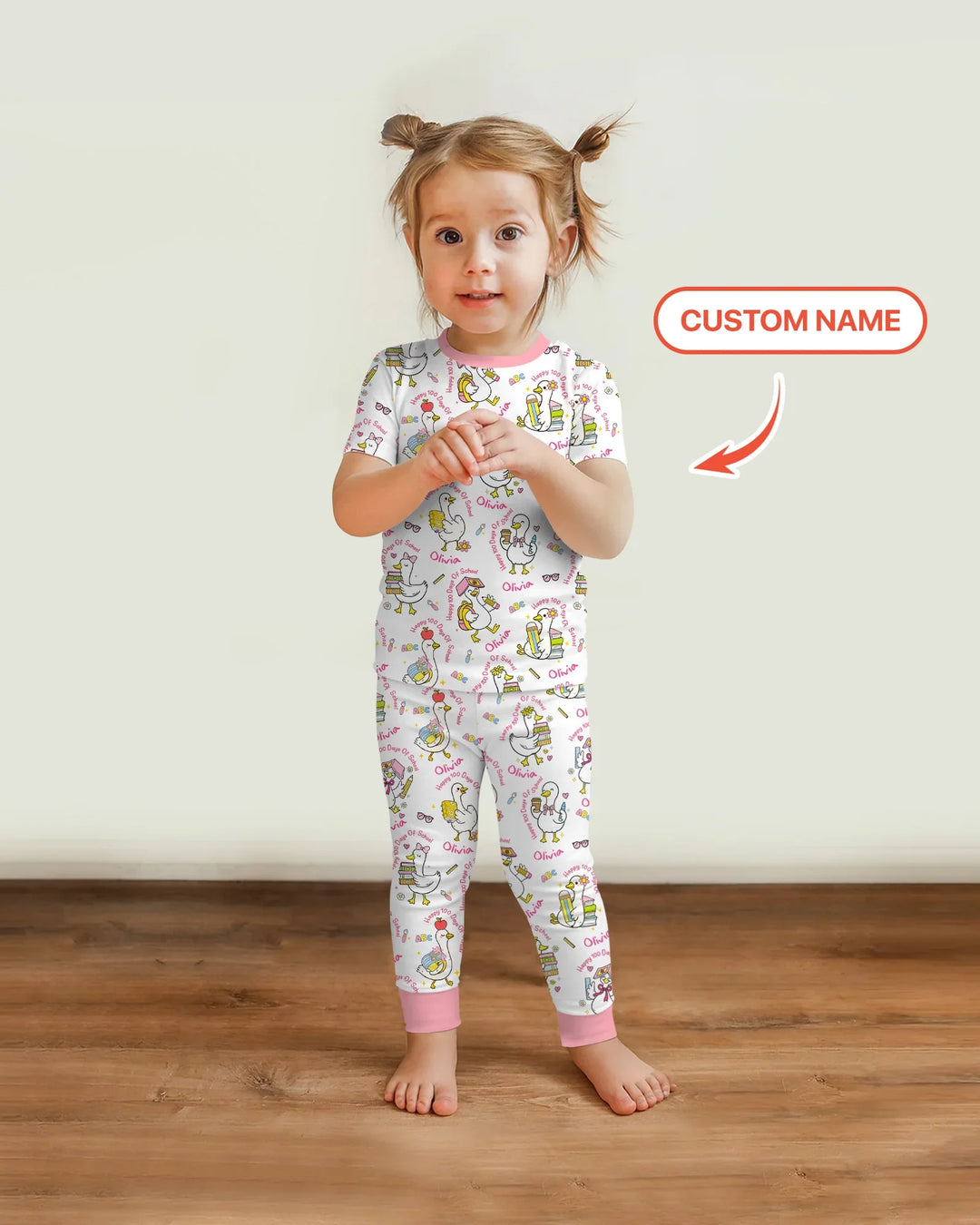 Custom Name Goose Happy 100 Days Of School Two Piece Short Sleeve Pajama Set