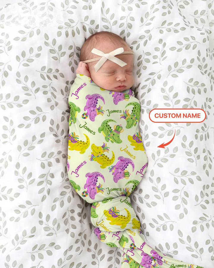 Custom Name Mardi Gras Alligator Swaddle Blanket