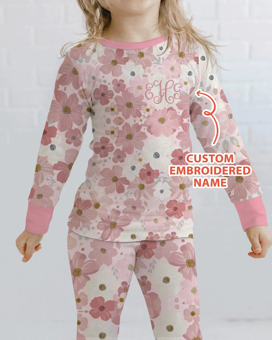 Pijama de dos piezas de manga larga de bambú floral con nombre bordado personalizado