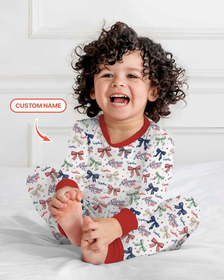 Custom Name All American Girl Bamboo Two Piece Long Sleeve Pajama Set