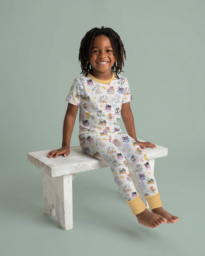 Funny Cat Love Scientist Bamboo Two Piece Short Sleeve Pajama Set