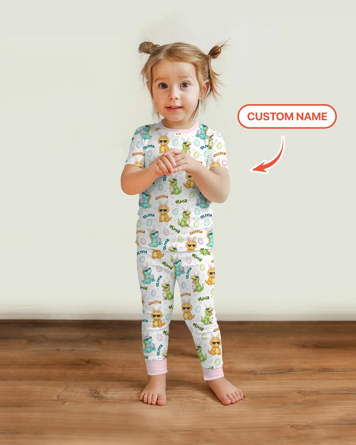 Custom Name Dinosaur on the Hunt Two Piece Short Sleeve Pajama Set