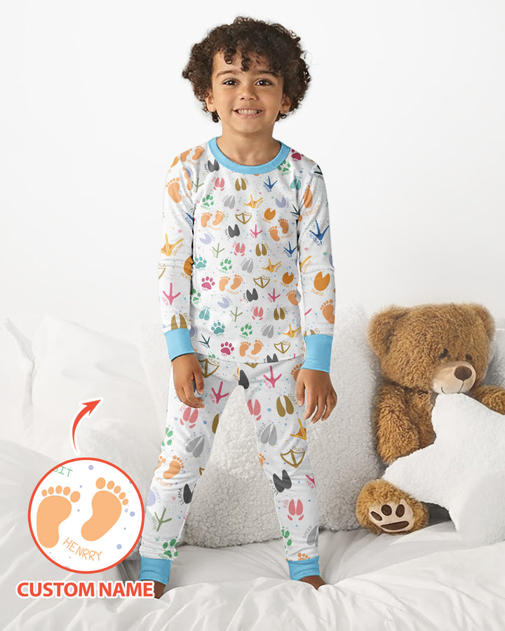 Cute Farm Animal Tracks Custom Name Bamboo Two Piece Long Sleeve Pajama Set