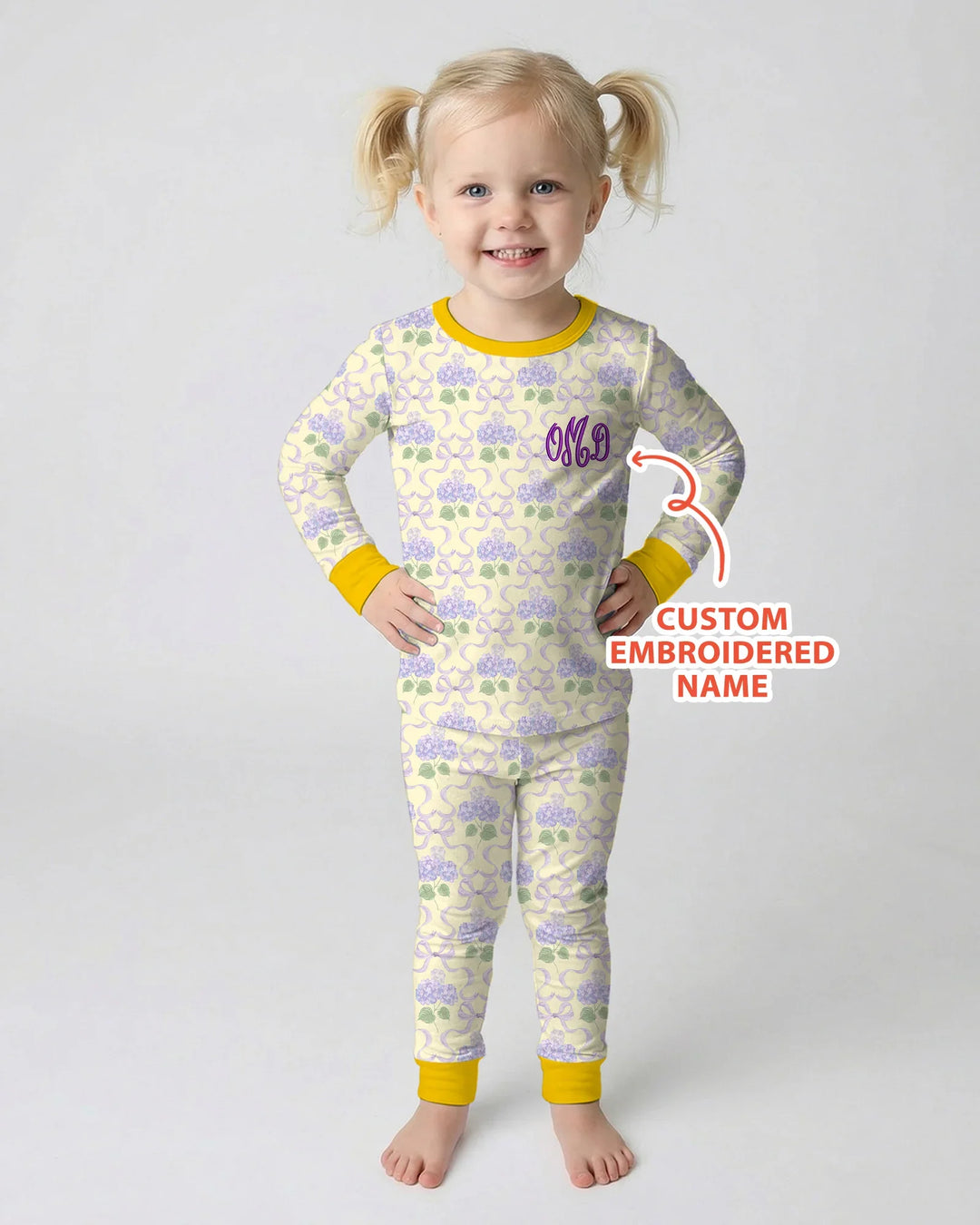 Custom Name Embroidered Hydrangea Welcome Home Bamboo Two Piece Long Sleeve Pajama Set