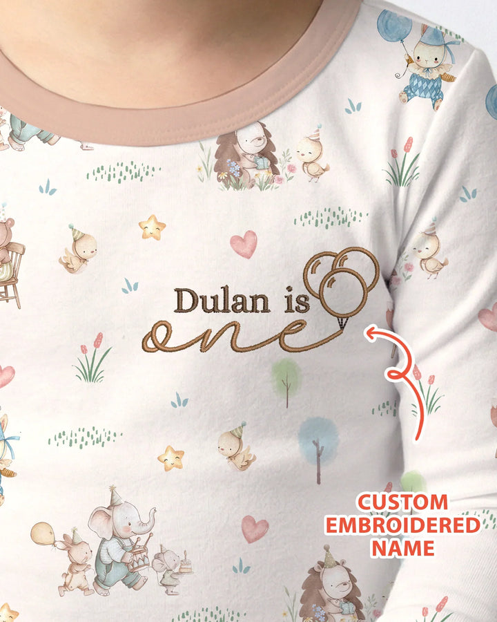 Custom Embroidered Name Birthday Baby Bamboo Two Piece Long Sleeve Pajama Set