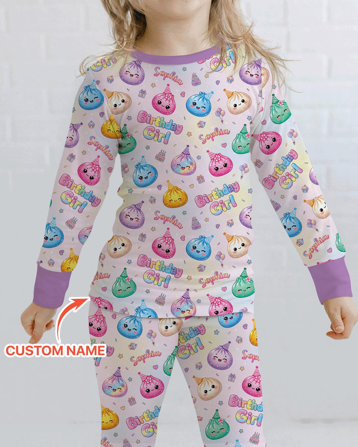 Custom Name Glitter Dumpling Birthday Girl Bamboo Two Piece Long Sleeve Pajama Set