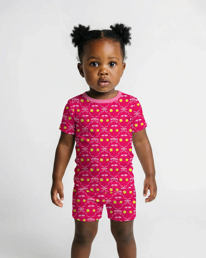 Pijama de dos piezas de bambú de manga corta con pantalones cortos a juego para madre e hija, diseño de béisbol y sóftbol de cerezas