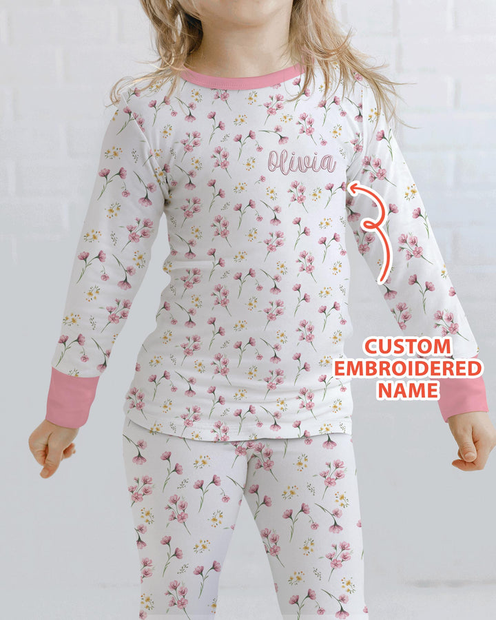 Custom Embroidered Name Floral Whispers Bamboo Two Piece Long Sleeve Pajama Set
