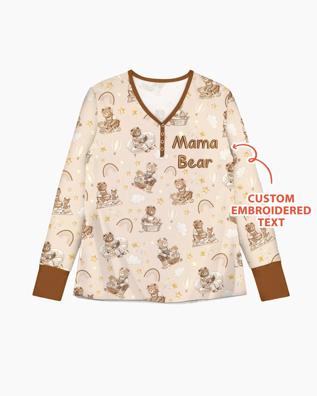 Besticktes Mama Bär und Baby Bär Pyjama-Set aus Bambus für Damen