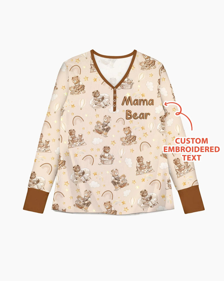 Besticktes Mama Bär und Baby Bär Pyjama-Set aus Bambus für Damen