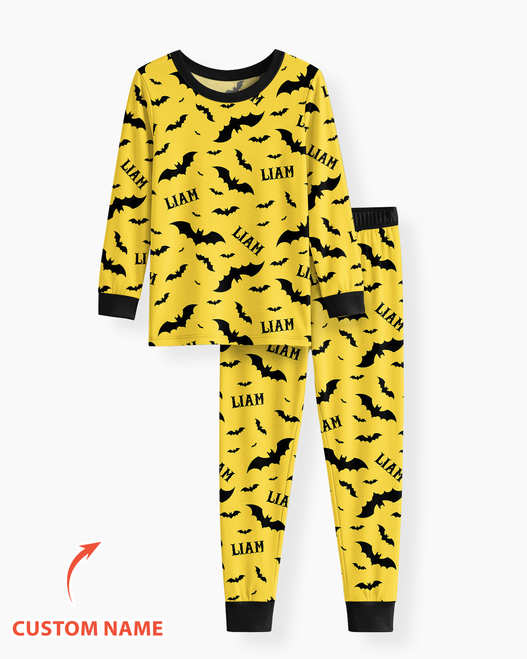 Black Bat Halloween Custom Name Bamboo Two Piece Long Sleeve Pajama Set