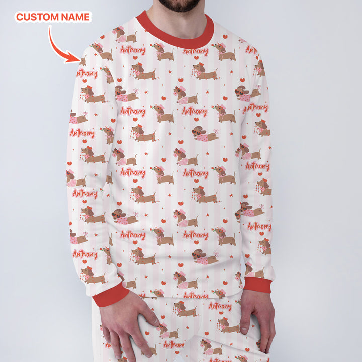 Custom Name Valentine Dachshund Family Matching Men's Pajama Set