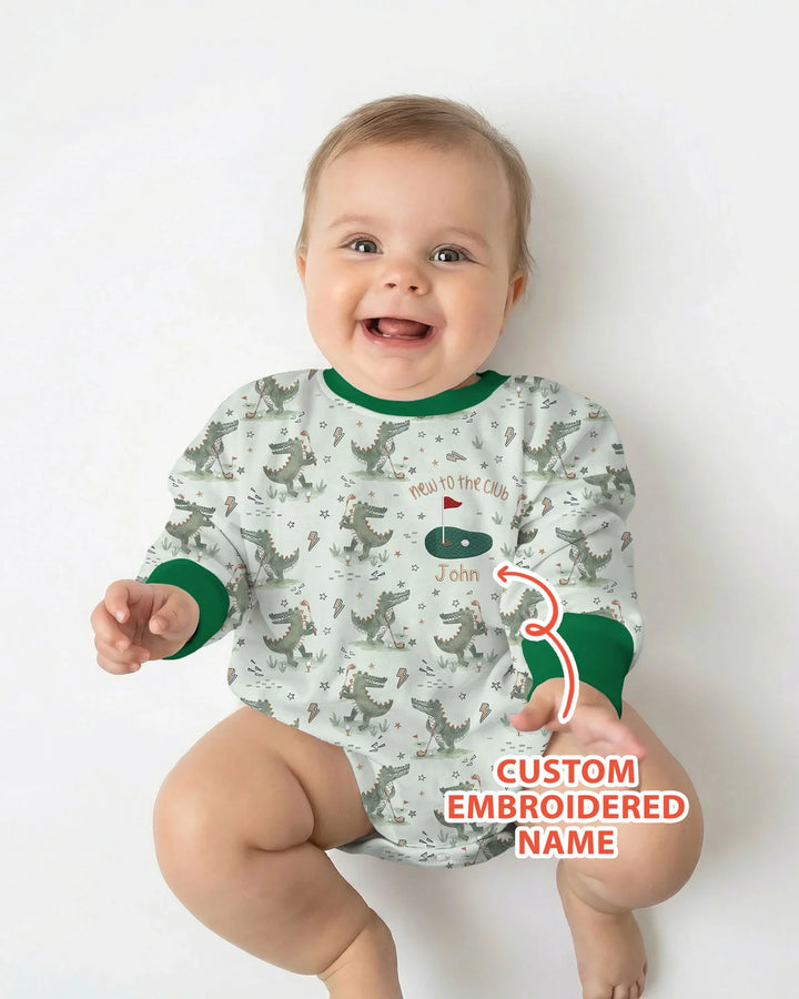 Personalized Embroidered Name Crocodile Golf Bamboo Bubble Romper