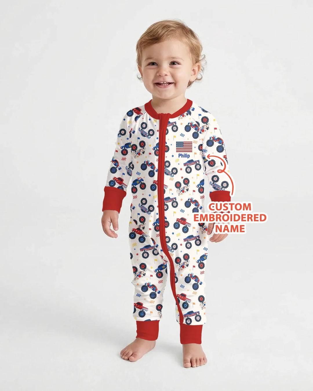 Custom Name Embroidered Red White & Truck Bamboo Convertible Zippy