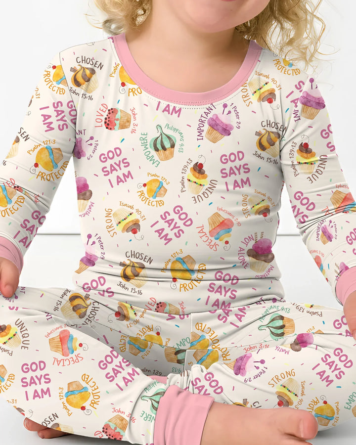 Cute Cupcake God Says I Am  Bamboo Two Piece Long Sleeve Pajama Set
