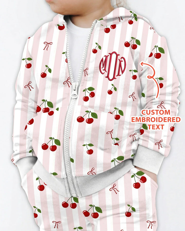 Personalized Embroidered Monogram Letter Cherry Bamboo Zip Hoodie