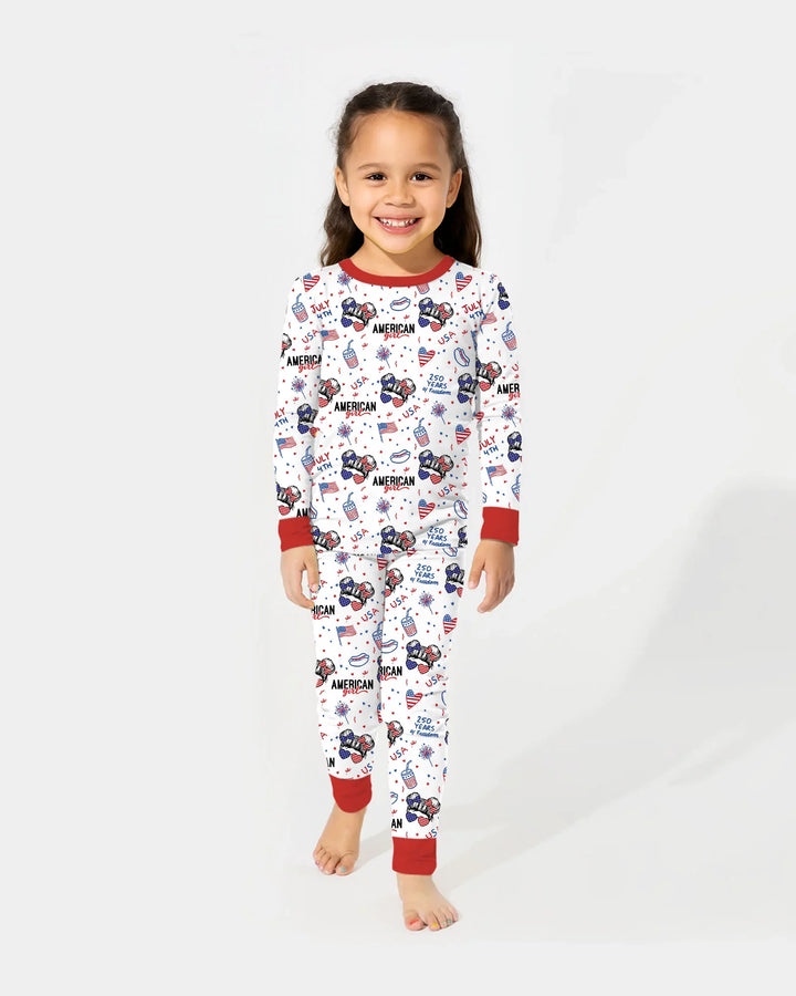 Doodle American Flag Glasses Family Matching Bamboo Two Piece Long Sleeve Pajama Set