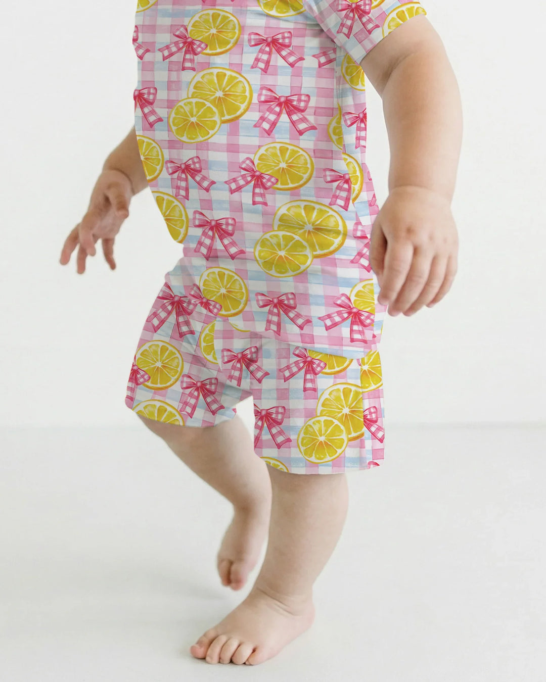 Pink Lemons Bows Checkered Bamboo Two Piece Short Sleeve Shorts Pajama Set