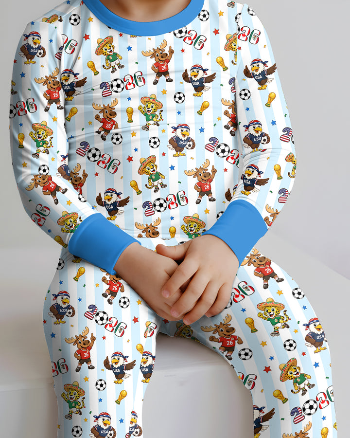 Striped Cute Mascots Soccer Cup 2026 Bamboo Two Piece Long Sleeve Pajama Set
