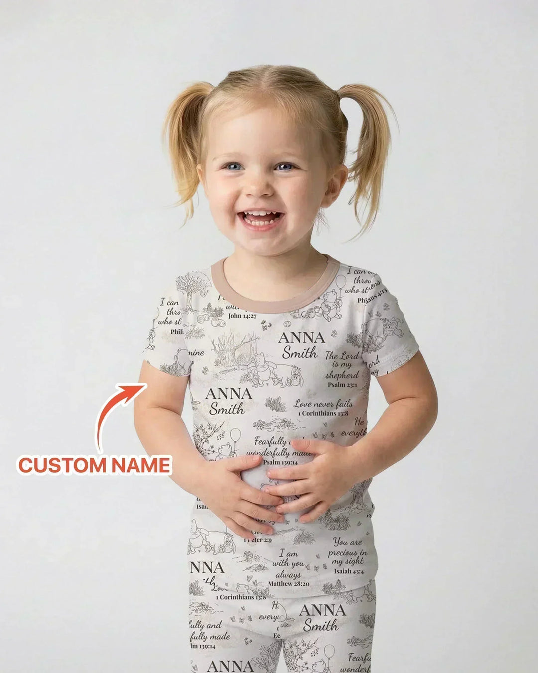 Pijama de manga corta de dos piezas de bambú con nombre personalizado y versículo bíblico clásico del oso