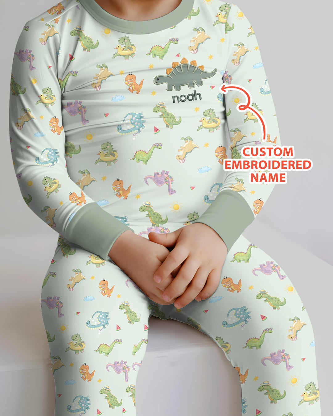Custom Embroidered Name Summer Dinosaur Bamboo Two Piece Long Sleeve Pajama Set