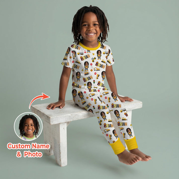 Custom Photo Doodle Little Builder Two Piece Short Sleeve Pajama Set