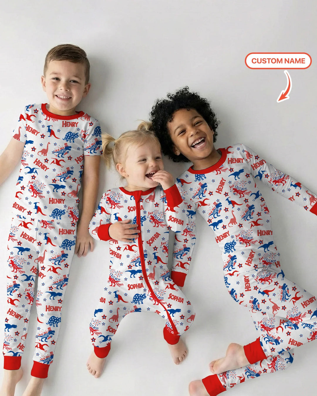 Custom Name Patriotic Dinosaur Bamboo Two Piece Short Sleeve Shorts Pajama Set
