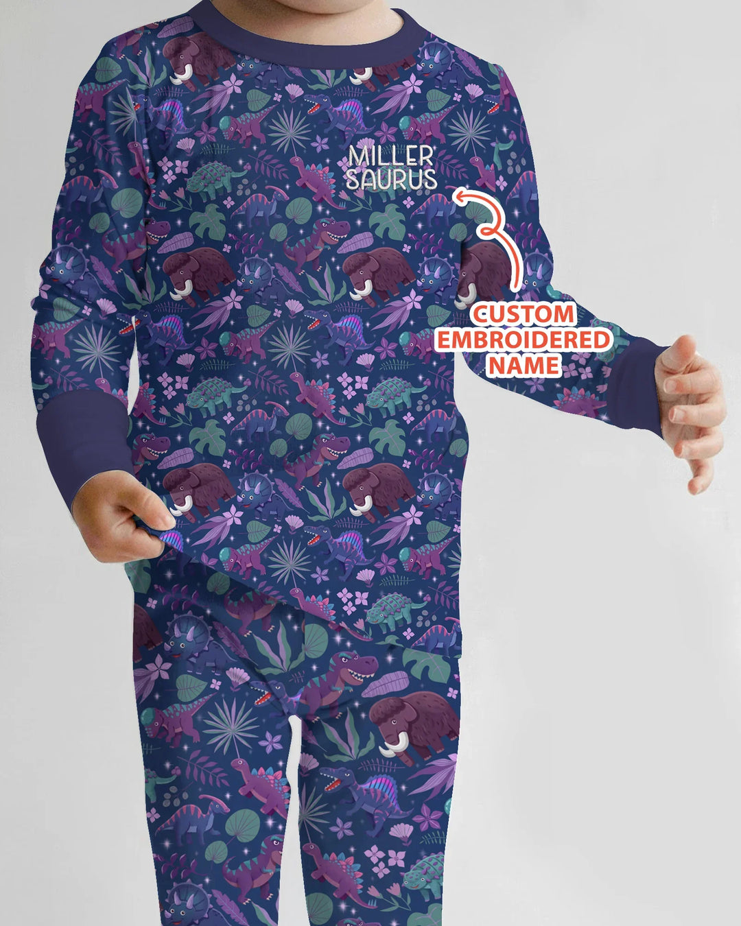 Conjunto de pijama de dos piezas de bambú de manga larga Dino Dream Night bordado con nombre personalizado