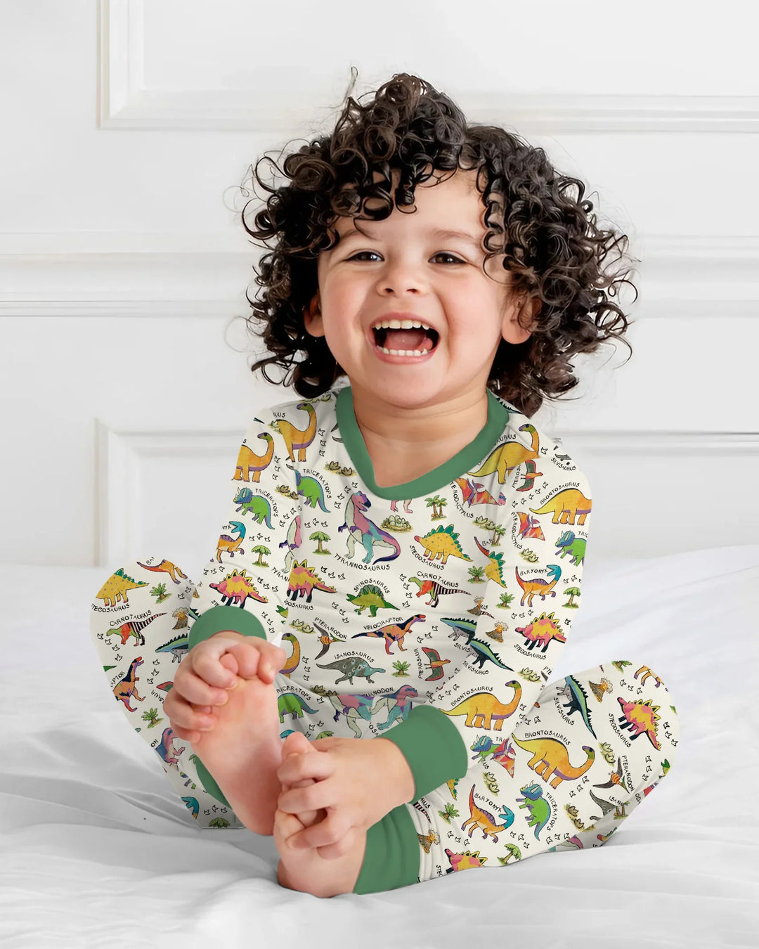 Conjunto de pijama de bambú de dos piezas de manga larga con estampados de dinosaurios