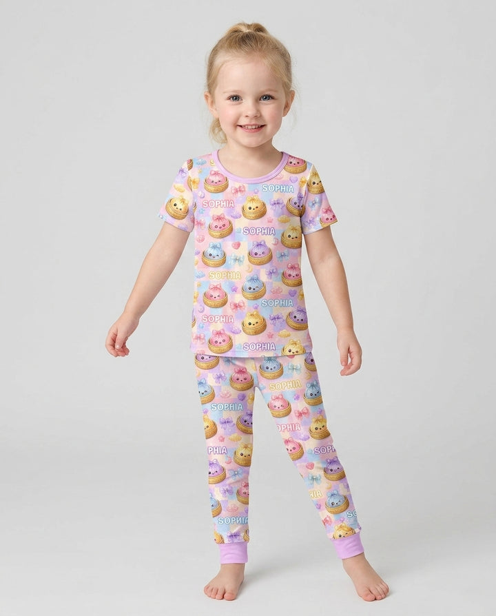 Custom Name Coquette Glitter Dumpling Bamboo Two Piece Short Sleeve Pajama Set