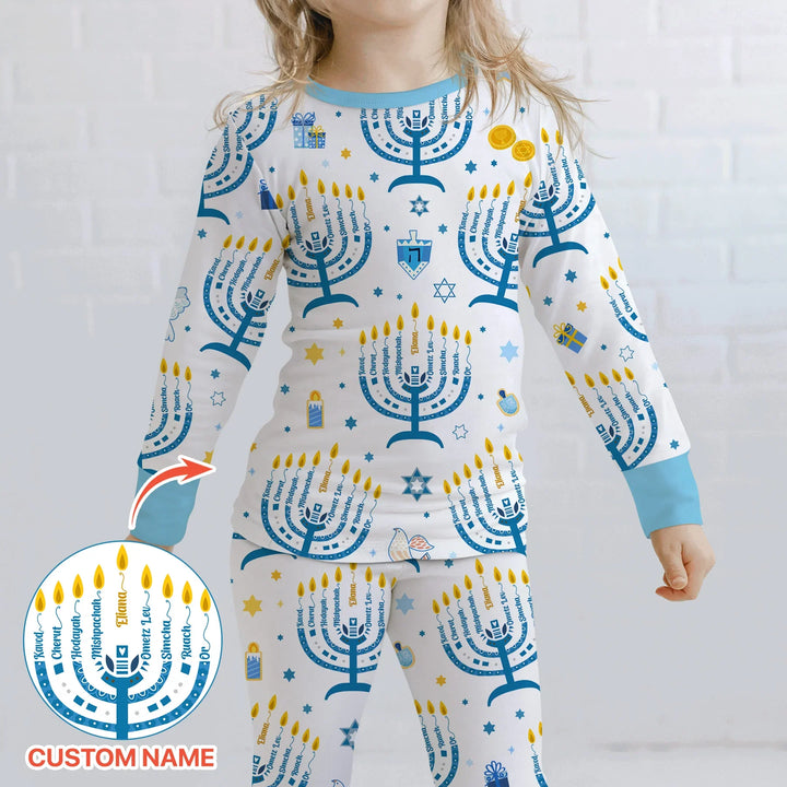 Hanukkah Custom Name Two Piece Long Sleeve Pajama Set